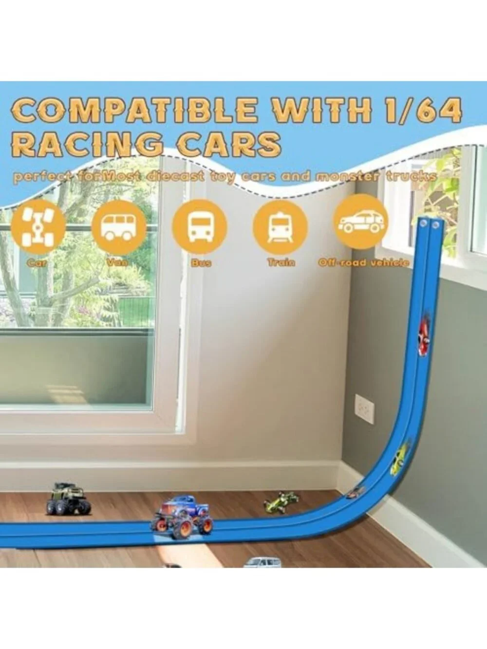 Flexible Race Car Ramp Track Set, 15 Ft with Suction Cups for Ages 3+, Diecast